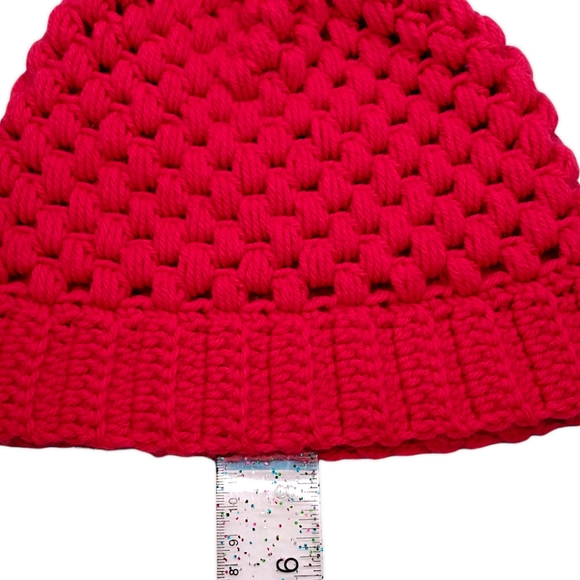 HANDMADE Red Beanie with Black Faux Fur Pom Pom Hand Crocheted Winter Hat - Picture 4 of 6